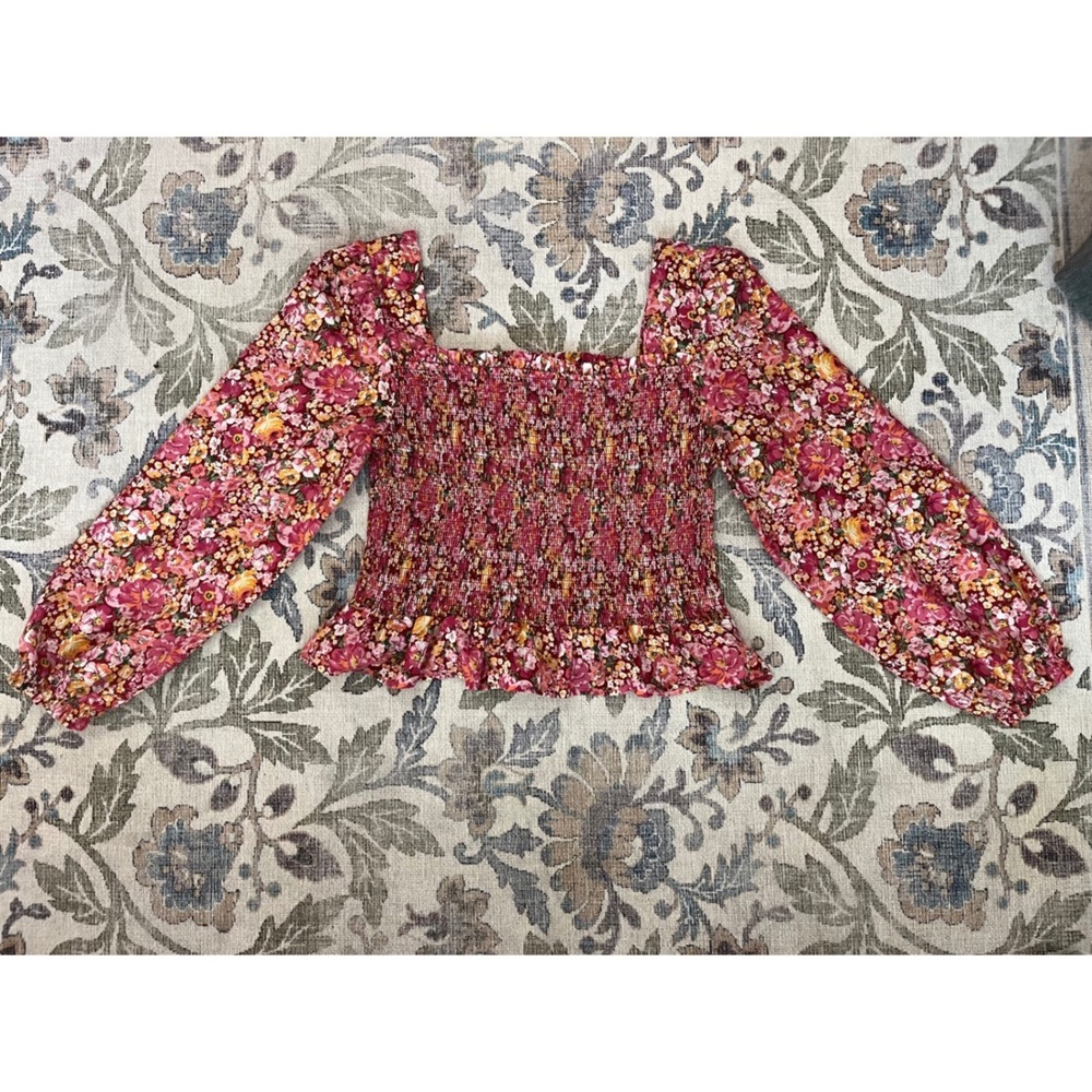 Crystal Doll Smocked Top Womens XL Pink Floral Excellent Balloon Sleeve